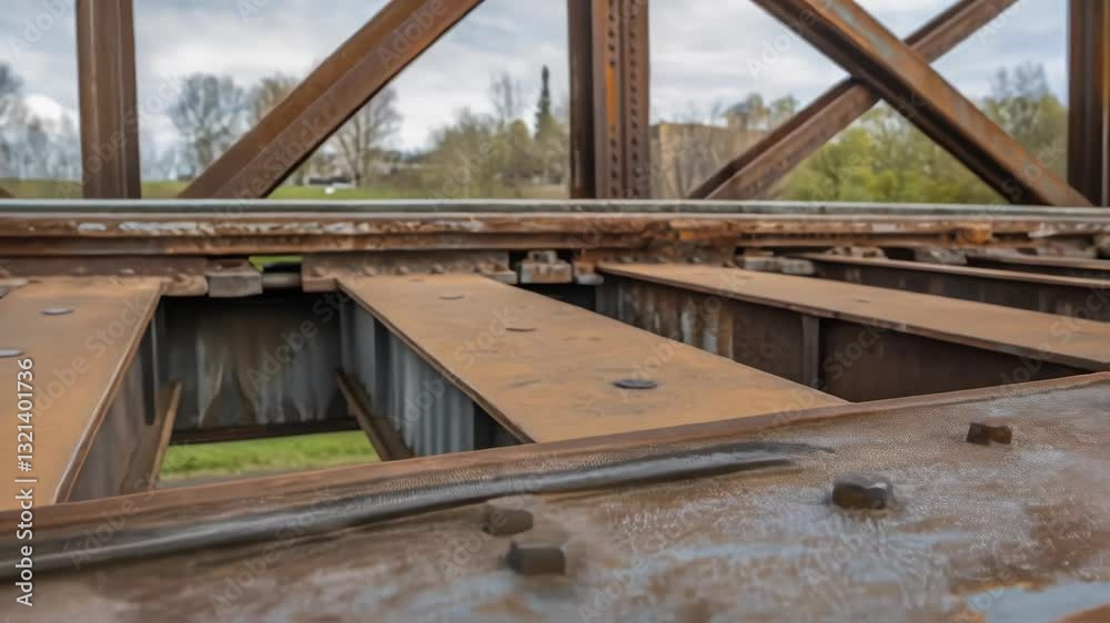 Weathered railway bridge metal structure revealing deep rust patterns, showcasing industrial decay through corroded beams and oxidized bolts in close up detail