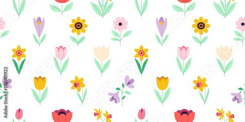 A colorful floral pattern is displayed on a white background. The flowers are arranged in a way that creates a sense of movement and liveliness. Scene is cheerful and uplifting, as the vibrant colors
