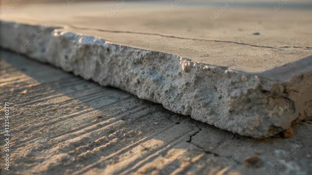 Deteriorating concrete slab revealing spalling surface, exposing aggregate and highlighting material decay caused by weathering and structural stress