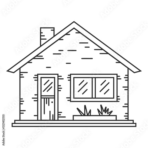 Cozy Cottage Illustration: Simple line art depicts a charming cottage, evoking feelings of comfort and home. Featuring a classic facade of a door, windows and chimney. 