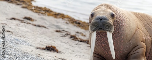 A close up image shows a large walrus on the beach photo