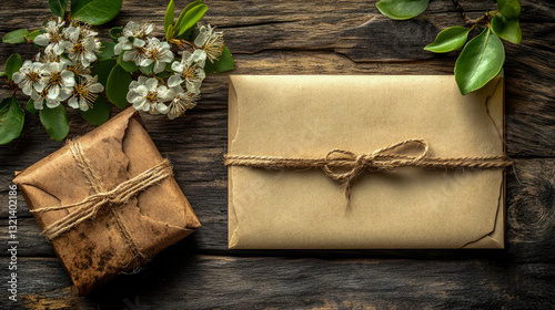 Rustic Gift & Note Card Still Life: Vintage Brown Paper Packages with Twine, Spring Blossoms on Dark Wood, Invitation template