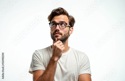 Young handsome caucasian man in glasses looks up thoughtfully. Doubtful male model considers choice, ponders question, touches chin. Pensive guy reflects idea on light background, isolated on white.