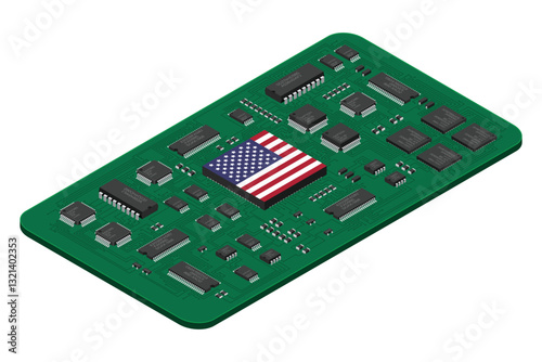 Isometric electronic board with USA flag. Isometric printed circuit board with electronic components. Electronic components and integrated circuit board
