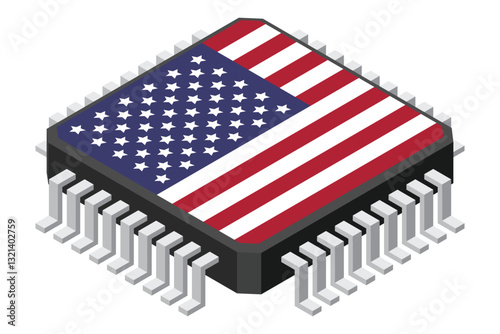 Microchip computer electronic component with USA flag. Microchip icon. Isometric microchip. Computer processor technology. Microprocessor