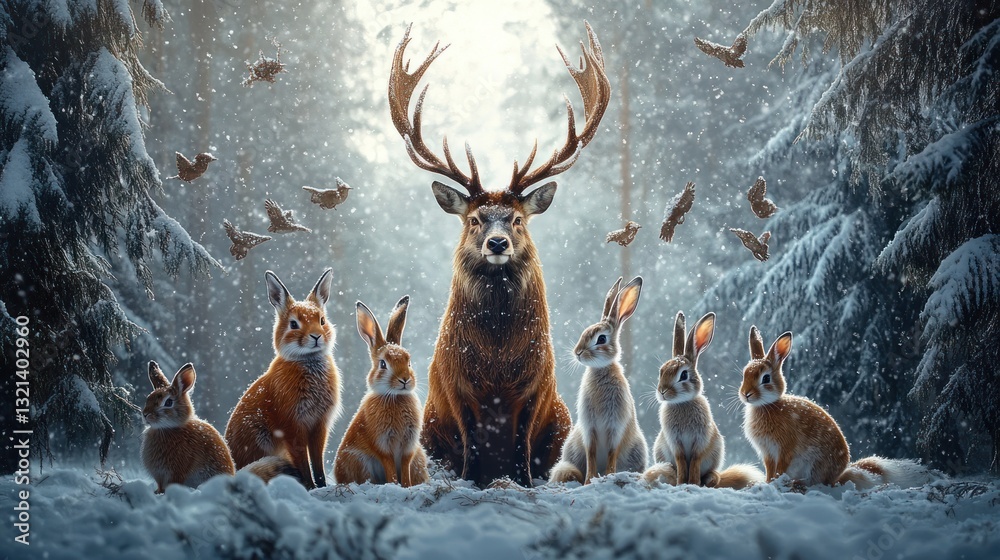 Fototapeta premium Majestic Deer Rabbits Winter Wonderland Snowy Forest Scene
