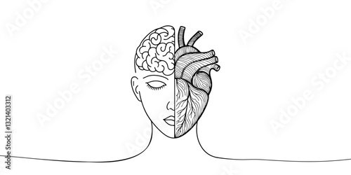 One line drawing of half of a human brain and a human heart. Vector illustrationOne line drawing of half of a human brain and a human heart. Vector illustration