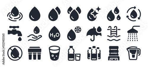 Water drop, filter, cooler, bottle solid icons set isolated on white background flat vector illustration