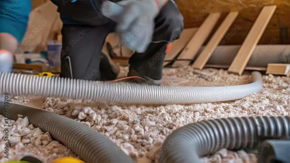 Professional worker installing a flexible ducting pipe for a ventilation or air conditioning system in an attic, on top of loose fill cellulose insulation