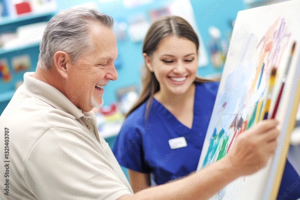Fototapeta premium Elderly man and young woman in blue room engaged in painting session with art supplies and easel