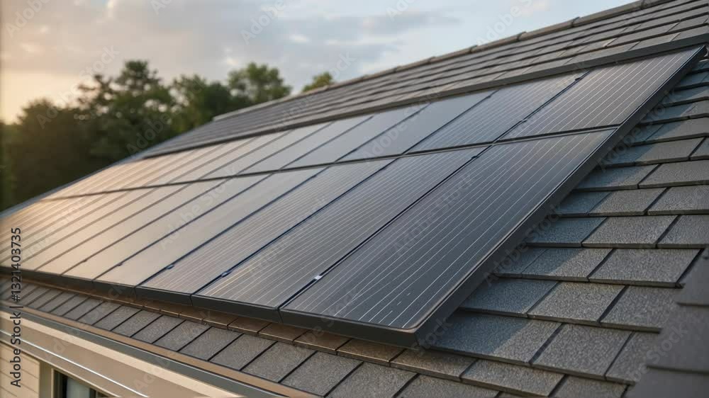 Modern residential house with solar panels installed on a gray tiled roof, providing sustainable and renewable energy at sunset, showcasing the transition towards green living Modern residential house with solar panels installed on a gray tiled roof, providing sustainable and renewable energy at sunset, showcasing the transition towards green living