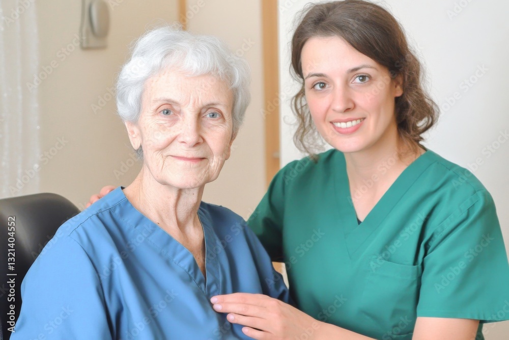 Elderly Woman in Wheelchair with Nurse, Both in Green Scrubs, Smiling in Care Facility Setting Elderly Woman in Wheelchair with Nurse, Both in Green Scrubs, Smiling in Care Facility Setting