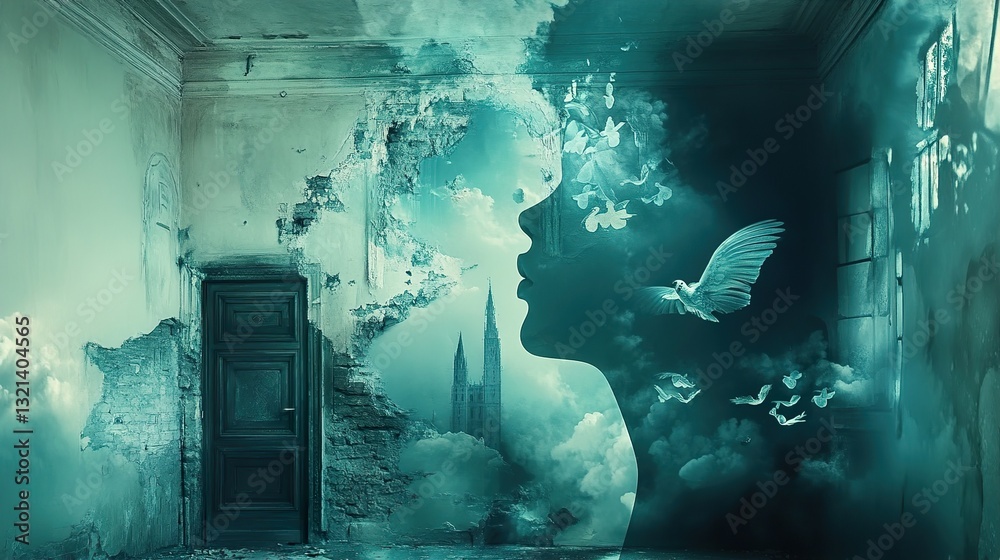 Fototapeta premium Dreamlike Woman Profile in a Surreal, Ruined Building