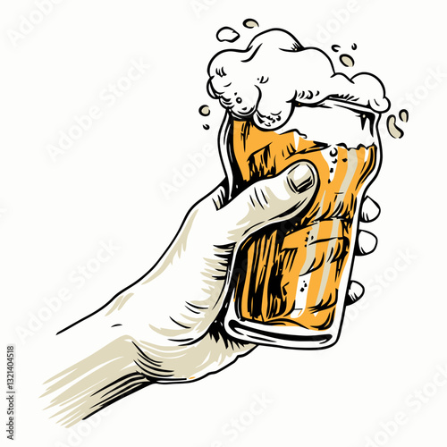 Hand holding beer: A hand confidently grips a brimming glass of golden, frothy beer, showcasing the classic refreshment in a charming, illustrative style. 