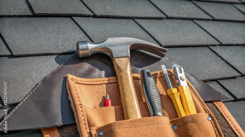 Wallpaper Mural Professional carpentry tools resting within leather tool belt positioned on asphalt roofing surface during residential maintenance work, showcasing essential repair equipment Torontodigital.ca
