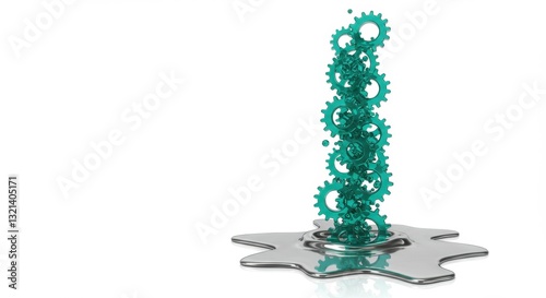 Teal Gears Meltdown:  Abstract 3D Render of Interlocking Cogs Sinking into Molten Metal