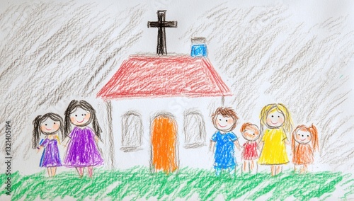 Child's crayon drawing of family at church.
