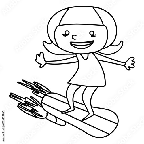 Girl riding on board: A graphic rendering of a joyous girl soaring with outstretched arms atop a futuristic board