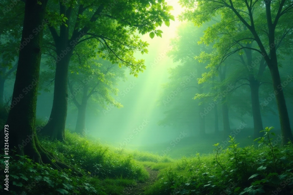 Obraz premium Enchanted Forest Path A Mystical Green Canopy of Trees with a Sunlit Trail Through Lush Undergrowth