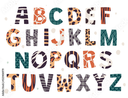 English alphabet letters with jungle African animals colorful skin decorative pattern collection