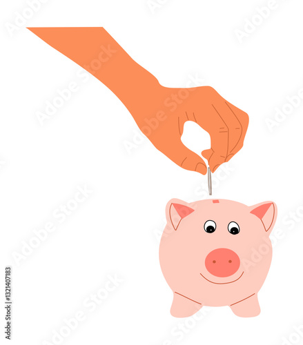 Hand putting money coin to piggy bank. Finance and banking concept. Flat hand drawn vector illustration isolated on transparent background.