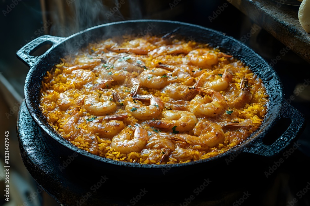 Black pan with shrimp and rice in it. The shrimp are cooked and the rice is golden brown Black pan with shrimp and rice in it. The shrimp are cooked and the rice is golden brown