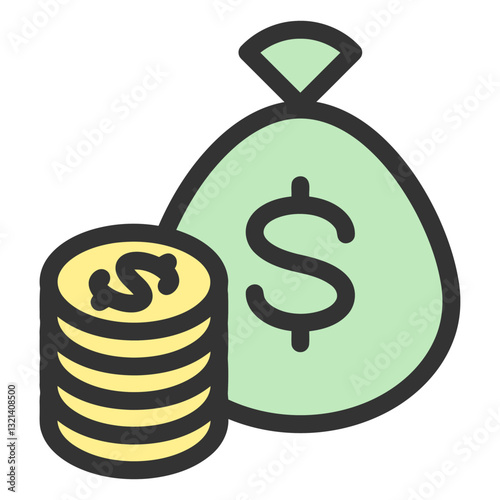 Financial Abundance: An illustration showcases a money bag and stack of coins, representing financial growth.