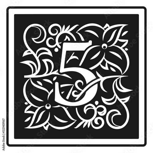 Artistic Numerology: The number 5 is stylishly interwoven with an abundance of floral elements in a beautifully designed graphic. This artwork is a striking representation of design, art.