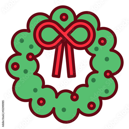 Festive Christmas Wreath: A delightful cartoon depiction of a holiday wreath, adorned with vibrant greenery and a cheerful red bow, epitomizing seasonal joy and festive decor.
