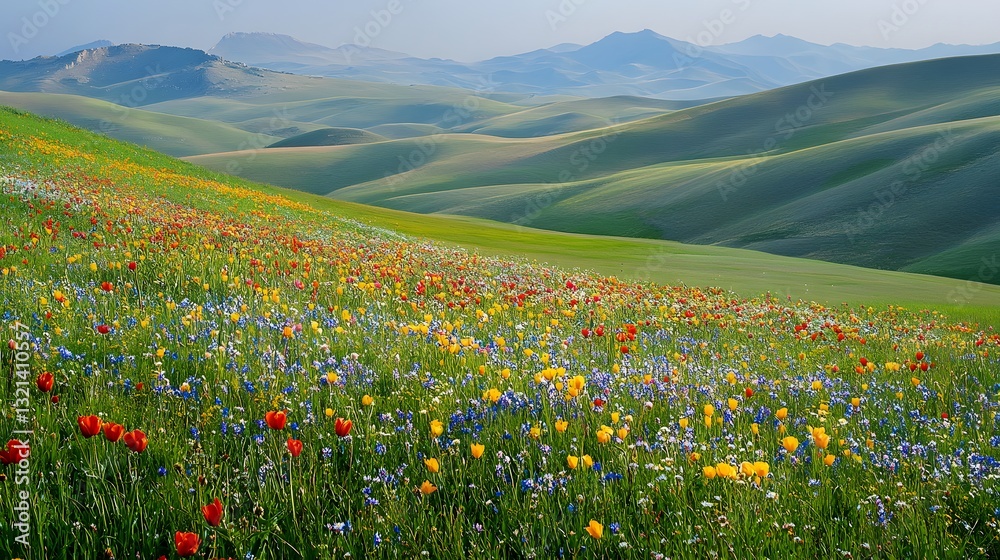 Obraz premium 16. **A carpet of wildflowers covering rolling green hills**