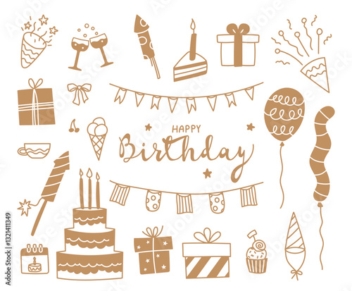 Happy birthday party festive elements, traditional attributes, decorative elements gold color set