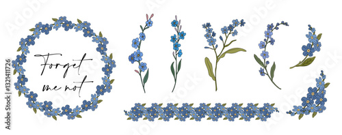 Set of forget me not flowers. Myosotis Trendy botanical elements for wedding cards, invitations. Hand drawn colored branches, wreath, border, frame. Vector illustrations isolated 