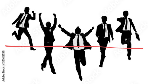 Silhouette of Business people running to finish line. Businessmen, businesswoman crossing red ribbon in winning pose. Monochrome character vector black illustration isolated