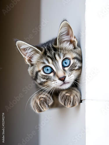 A curious gray tabby with mesmerizing blue eyes peeks from a white wall. Its front paws daintily rest on the edge, gazing leftward into mystery photo