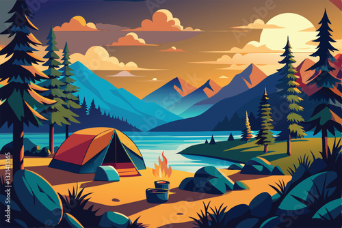 hiking nature holiday illustration camping scenic, serene tranquil, waterfall mountains hiking nature holiday