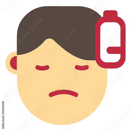 Depleted Energy: Illustrative representation of a person's drained vitality, symbolized by closed eyes, drawn on a white surface with the low battery icon.