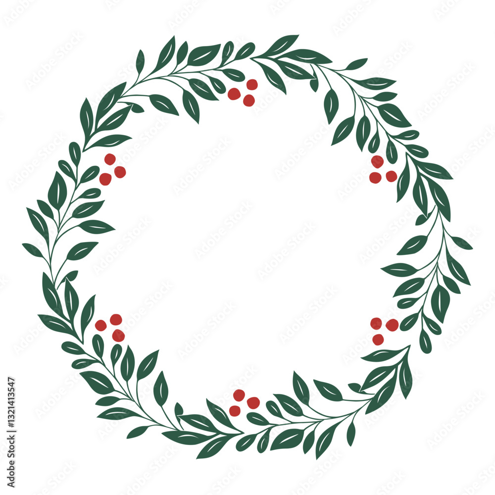 Merry Christmas wreath with copy space for text. Green fir twigs and red berries. Vector illustration isolated on white background. Nature design greeting card, cover template for Winter xmas holidays Merry Christmas wreath with copy space for text. Green fir twigs and red berries. Vector illustration isolated on white background. Nature design greeting card, cover template for Winter xmas holidays