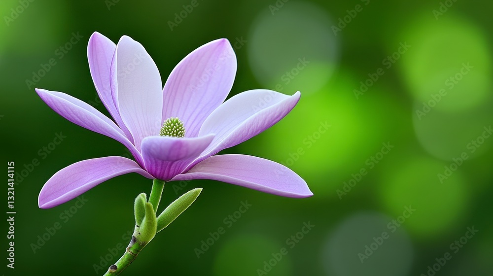 Pale purple magnolia blossom in soft focus, delicate petals, vibrant green bokeh background. Close up view showcasing flower details and shallow depth of field. Pale purple magnolia blossom in soft focus, delicate petals, vibrant green bokeh background. Close up view showcasing flower details and shallow depth of field.