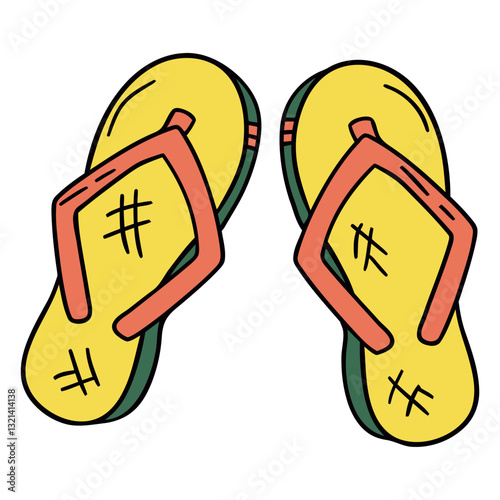 Flip-flops pair: A charming illustration showcasing a pair of flip-flops, with a vibrant palette of yellow, and red, evoking a sense of ease and holiday getaway. 