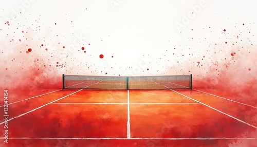 Watercolor style illustration of Roland Garros tennis court with artistic red color splash effect on white background. Abstract vibrant sport concept painting. French Open clay court illustration.