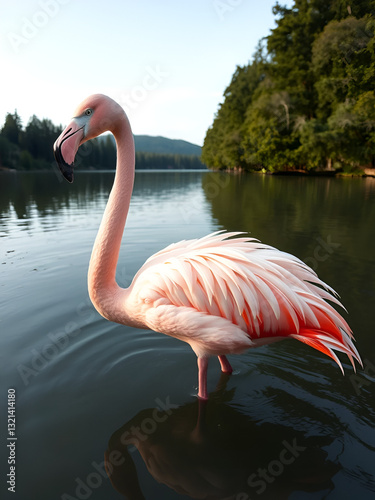 gros plan sur un flamant rose (Phoenicopterus roseus), dans un lac , avec leurs plumes roses photo