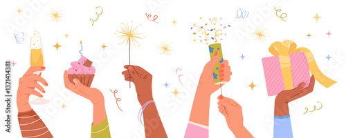 Birthday party human hands with festive attributes, treats and drinks for anniversary celebration