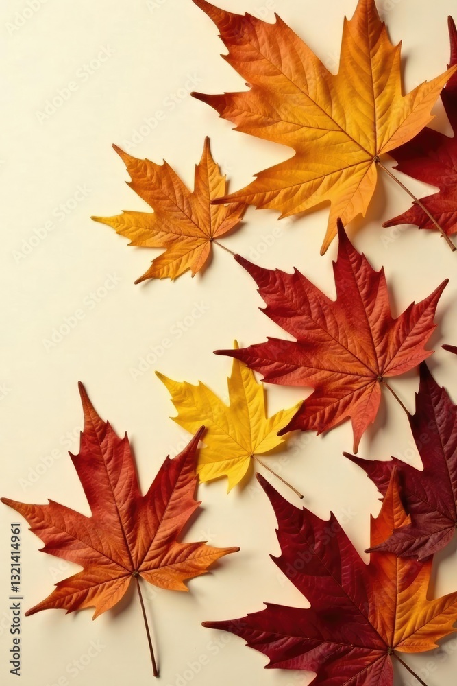 Fototapeta premium Dried and colorful fall leaves on a plain background, plants, botanical