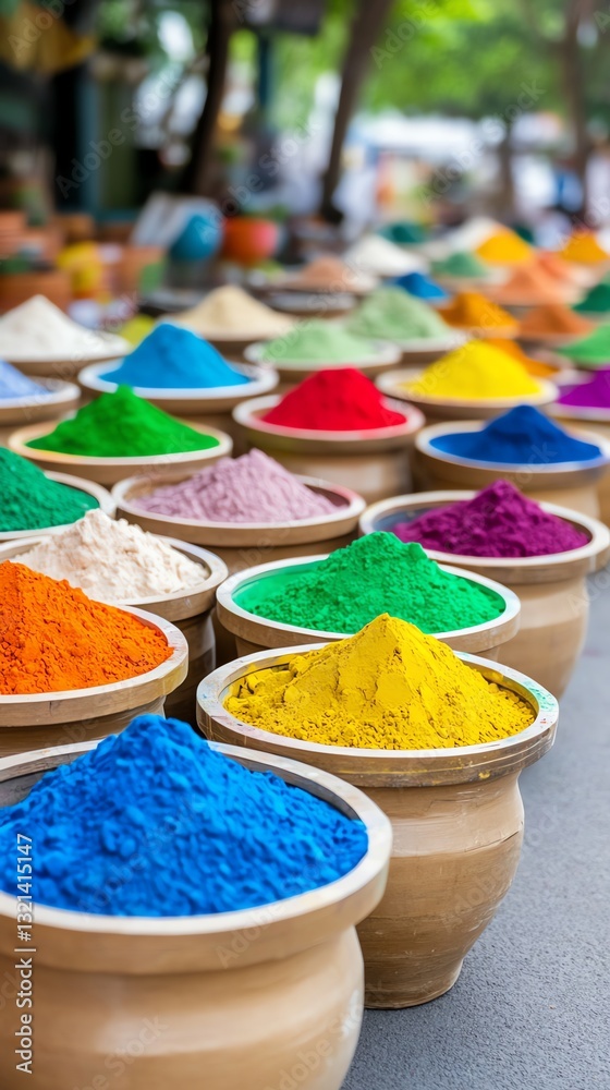 Colorful Holi Powder Piles Displayed in Pots at Vibrant Indian Market Colorful Holi Powder Piles Displayed in Pots at Vibrant Indian Market