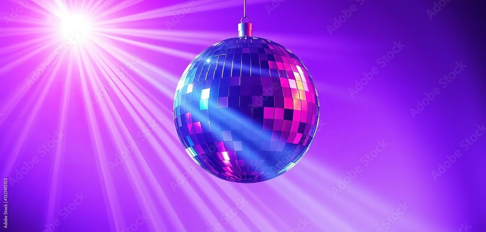 Obraz premium A shimmering disco ball casts dazzling rays across a vibrant purple background, perfect for party promotions, entertainment, festive