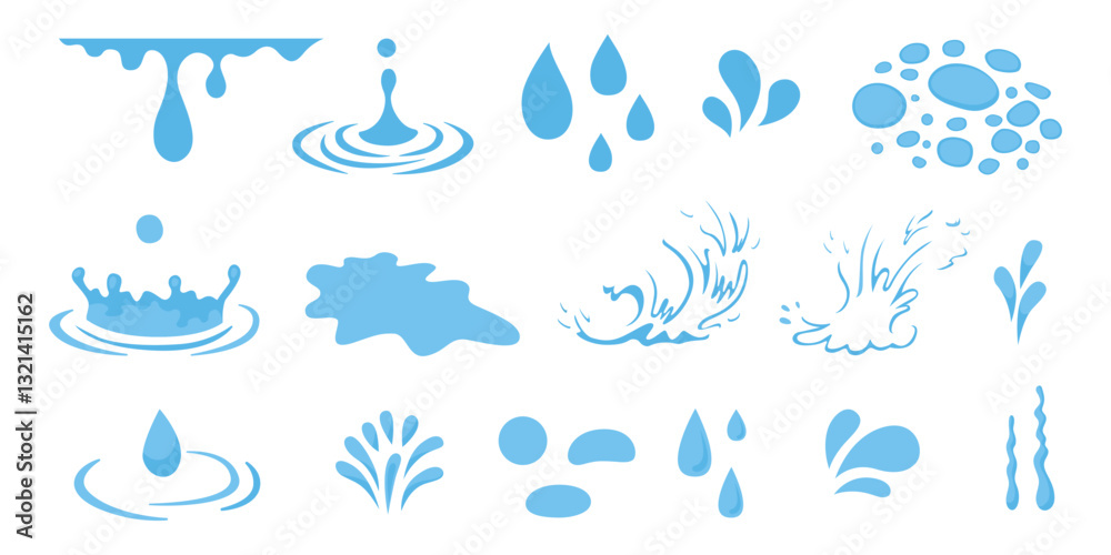 Tear water vector, cartoon puddle, cry drop, blue rain stream isolated on white background.