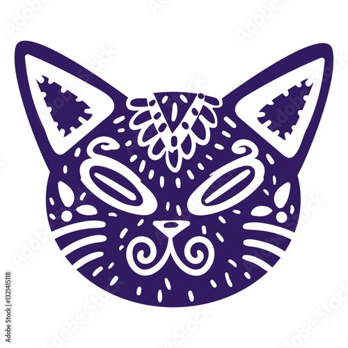 Stylized Cat Head: A decorative, graphic rendering of a cat's head, featuring an intricate pattern of ornate designs in a singular color palette.
