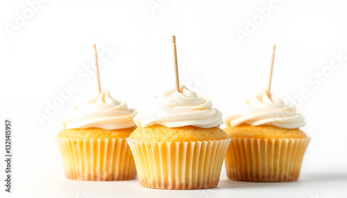 Three Vanilla Cupcakes Topper Mockup. 3 cupcake with wooden toothpick in white background Copy space for your design here. Blank mockup for advertising and promotions, dramatic. White tone