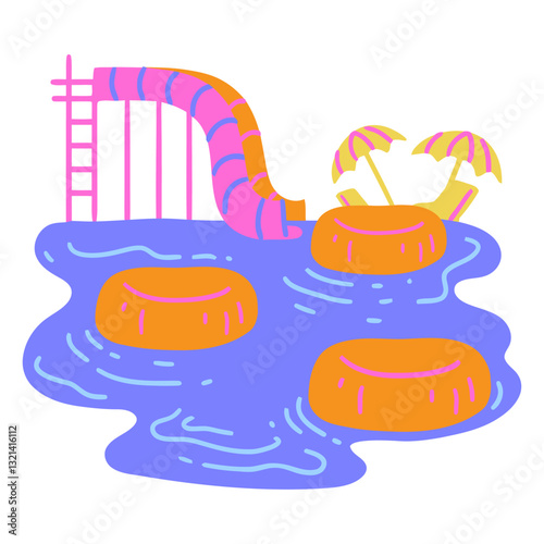 Water Park Delight: Vibrant illustration of a water park scene, featuring a colorful water slide, inflatable rings, and beach umbrellas, promising a fun-filled day.