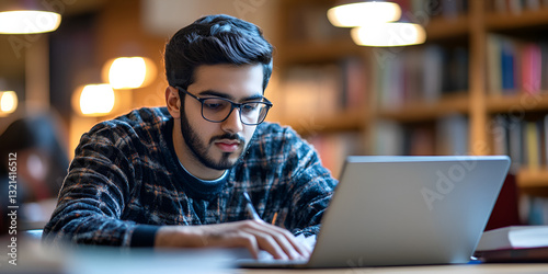 A young student is sitting at a table in a library, focused on working on a laptop with bookshelves in the background